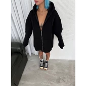 Oversize Tam Fermuarlı Uzun Kol Hırka - Siyah - 2