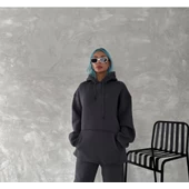 Kapşonlu Üç İplik Penye Basic SweatShirt - Füme - 1