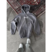 Uzun Kol Kapşonlu Göğüs Baskılı SweatShirt - Gri - 1