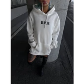 Uzun Kol Kapşonlu Göğüs Baskılı SweatShirt - Beyaz - 2