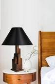 Lumexx Kule Ceviz Ahşap Masa Lambası Pramit Siyah Abajurlu - 2