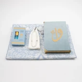 Takke + Esans + Tesbih + Seccade + Kadife Kuran Hediye Seti (Hafız Boy, Mavi) thumbnail 7