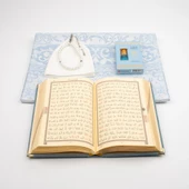 Takke + Esans + Tesbih + Seccade + Kadife Kuran Hediye Seti (Hafız Boy, Mavi) thumbnail 6