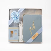 Takke + Esans + Tesbih + Seccade + Kadife Kuran Hediye Seti (Hafız Boy, Mavi) thumbnail 1
