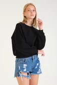 Kadın 3 İp Şardonlu Sıfır Yaka Oversize Sweatshirt Siyah - 5