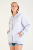 Kadın 3 İp Şardonlu Kapüşonlu Fermuarlı Oversize Sweatshirt Gri - 3