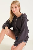 Kadın 3 İp Şardonlu Kapüşonlu Fermuarlı Oversize Sweatshirt Füme - 4