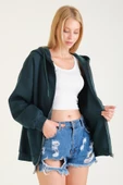 Kadın 3 İp Şardonlu Kapüşonlu Fermuarlı Oversize Sweatshirt Yeşil - 4