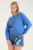 Kadın 3 İp Şardonlu Sıfır Yaka Oversize Sweatshirt Mavi - 4
