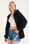 Kadın 3 İp Şardonlu Kapüşonlu Fermuarlı Oversize Sweatshirt Siyah - 2