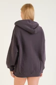Kadın 3 İp Şardonlu Kapüşonlu Fermuarlı Oversize Sweatshirt Füme - 5