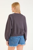 Kadın 3 İp Şardonlu Sıfır Yaka Oversize Sweatshirt Füme - 6