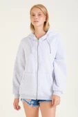 Kadın 3 İp Şardonlu Kapüşonlu Fermuarlı Oversize Sweatshirt Gri - 1
