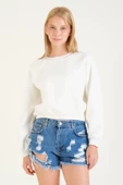 Kadın 3 İp Şardonlu Sıfır Yaka Oversize Sweatshirt Ekru - 3