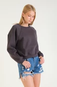 Kadın 3 İp Şardonlu Sıfır Yaka Oversize Sweatshirt Füme - 3