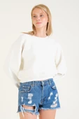 Kadın 3 İp Şardonlu Sıfır Yaka Oversize Sweatshirt Ekru - 4