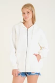 Kadın 3 İp Şardonlu Kapüşonlu Fermuarlı Oversize Sweatshirt Ekru - 5