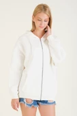 Kadın 3 İp Şardonlu Kapüşonlu Fermuarlı Oversize Sweatshirt Ekru - 4
