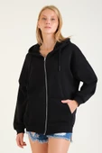 Kadın 3 İp Şardonlu Kapüşonlu Fermuarlı Oversize Sweatshirt Siyah - 3