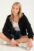 Kadın 3 İp Şardonlu Kapüşonlu Fermuarlı Oversize Sweatshirt Siyah - 5