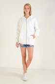 Kadın 3 İp Şardonlu Kapüşonlu Fermuarlı Oversize Sweatshirt Ekru - 2