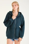 Kadın 3 İp Şardonlu Kapüşonlu Fermuarlı Oversize Sweatshirt Yeşil - 1