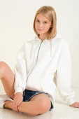 Kadın 3 İp Şardonlu Kapüşonlu Fermuarlı Oversize Sweatshirt Ekru - 1