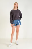 Kadın 3 İp Şardonlu Sıfır Yaka Oversize Sweatshirt Füme - 5
