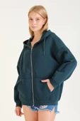 Kadın 3 İp Şardonlu Kapüşonlu Fermuarlı Oversize Sweatshirt Yeşil - 2