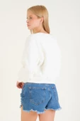 Kadın 3 İp Şardonlu Sıfır Yaka Oversize Sweatshirt Ekru - 6