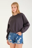 Kadın 3 İp Şardonlu Sıfır Yaka Oversize Sweatshirt Füme - 4