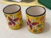 Çini El İşlemeli Seramik Sarı Dantel Desen Kupa Bardak - 2 adet - 5