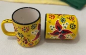 Çini El İşlemeli Seramik Sarı Dantel Desen Kupa Bardak - 2 adet - 1
