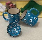 Papatya Desen 2 li El işleme Çay Kahve Kupa Ve 1 adet Lokumluk Kase - 7