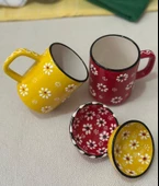 Papatya İşlemeli 2 li Çay Kahve Kupa ve 2 adet Lokumluk Kase Sarı/Kırmızı - 5