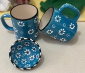 Papatya Desen 2 li El işleme Çay Kahve Kupa Ve 1 adet Lokumluk Kase - 1