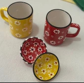 Papatya İşlemeli 2 li Çay Kahve Kupa ve 2 adet Lokumluk Kase Sarı/Kırmızı - 4