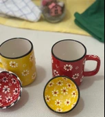 Papatya İşlemeli 2 li Çay Kahve Kupa ve 2 adet Lokumluk Kase Sarı/Kırmızı - 1