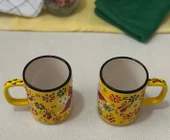 Çini El İşlemeli Seramik Sarı Dantel Desen Kupa Bardak - 2 adet - 3