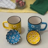 Papatya Çiçek 2 li Çay Kahve Sarı-Mavi Kupa ve 2 Adet Lokumluk Kase - 1