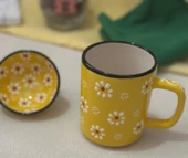 Papatya Çiçek Desen 2 li Çay Kahve Kupa Lokumluk Sarı Kase - 5