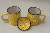 Papatya Çiçek Desen 2 li Çay Kahve Kupa Lokumluk Sarı Kase - 1