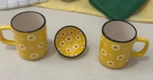 Papatya Çiçek Desen 2 li Çay Kahve Kupa Lokumluk Sarı Kase - 6