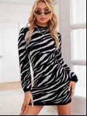 Kadın Uzun Kollu Siyah Beyaz Zebra Desen Triko Elbise - 2