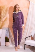 Kapüşonlu  Kışlık Kadın Peluş Polar Pijama Takımı - Yeni Yıl Pijaması - 7