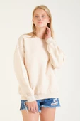 Kadın 3 İp Şardonlu Sıfır Yaka Oversize Sweatshirt Taş - 1