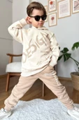 Erkek Çocuk Çift Baskılı Respect Design Yazı Şardonlu Krem Eşofman Takım - 1