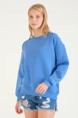 Kadın 3 İp Şardonlu Sıfır Yaka Oversize Sweatshirt Mavi - 3
