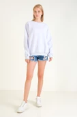 Kadın 3 İp Şardonlu Sıfır Yaka Oversize Sweatshirt Gri - 5