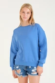 Kadın 3 İp Şardonlu Sıfır Yaka Oversize Sweatshirt Mavi - 2